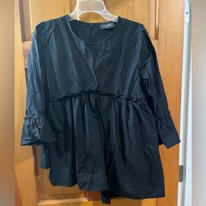 Chepe Italy Top Women’s L Black Ruffle 100% Cotton Flutter Sleeve Asymmetric Hem